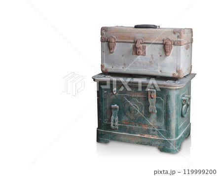 antique old brown and silver zinc chest on green steel chest on white background, object, decor, fashion, ancient, copy space 119999200
