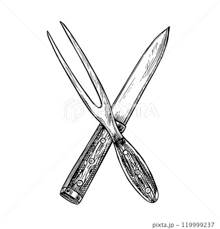 A fork and a barbecue knife. Vector graphics with images of kitchen utensils. Black and white hand-drawn illustration. An element of the design of a kitchen, restaurant, recipe, menu, posters, labels. A fork and a barbecue knife. Vector graphics with images of kitchen utensils. Black and white hand-drawn illustration. An element of the design of a kitchen, restaurant, recipe, menu, posters, labels. 119999237