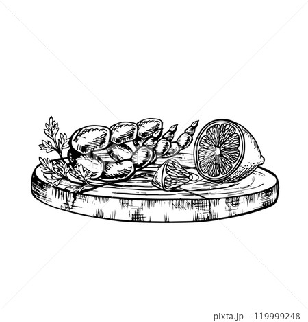 A dish of shrimp with lemon. Vector graphics with the image of cooked seafood. A black and white hand-drawn illustration of the dish. For a menu, poster, or label. For cooking recipes, invitations. A dish of shrimp with lemon. Vector graphics with the image of cooked seafood. A black and white hand-drawn illustration of the dish. For a menu, poster, or label. For cooking recipes, invitations. 119999248