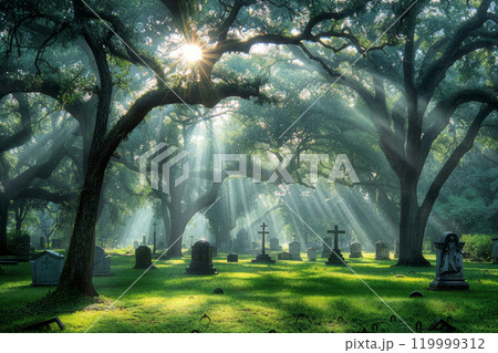 Serene cemetery landscape with sunlight filtering through trees Serene cemetery landscape with sunlight filtering through trees 119999312