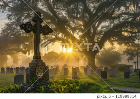 Beautiful sunrise over historic cemetery with large cross 119999314