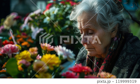 Elderly woman honoring a loved one with flowers at a somber funeral setting 119999319