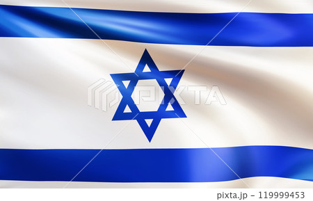Realistic wavy national Israeli flag with star of David 119999453