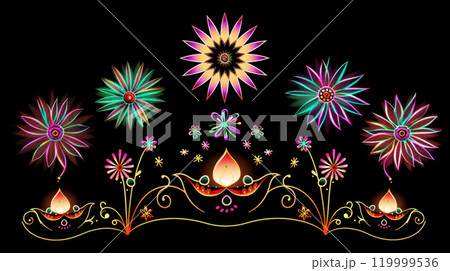 Diwali Festival Illustration with Diyas and Fireworks on Black Background, Highlighting Light and Celebration 119999536