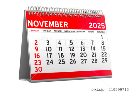 November 2025 Desk Calendar, 3D rendering November 2025 Desk Calendar, 3D rendering 119999716