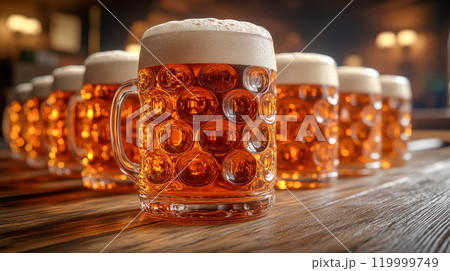 A line of frothy amber beer glasses on a rustic wooden table, warmly lit pub ambiance 119999749