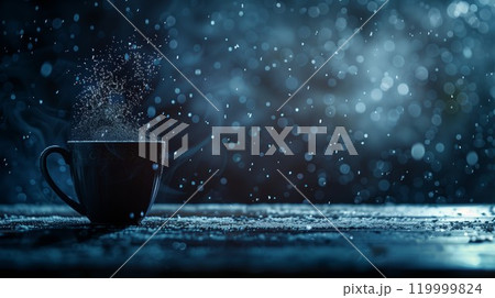 backlighted cup of hot steaming coffee drink or tea on night snowy background, mug with warm beverage in snow winter weather backlighted cup of hot steaming coffee drink or tea on night snowy background, mug with warm beverage in snow winter weather 119999824