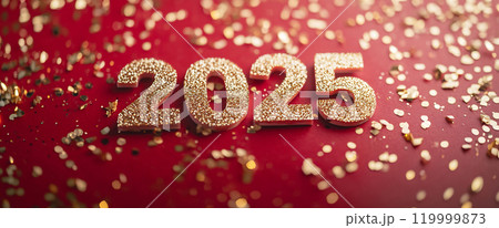 Golden 2025 numbers surrounded by festive confetti 119999873