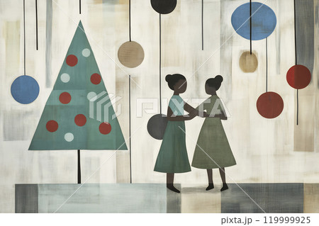 Two women dancing near a Christmas tree decor Two women dancing near a Christmas tree decor 119999925