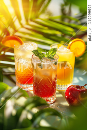 set of colorful summer fruit cocktails, cold tropical alcohol drinks with ice, party and vacation concept 119999992