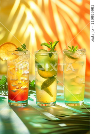 set of colorful summer fruit cocktails, cold tropical alcohol drinks with ice, party and vacation concept 119999993