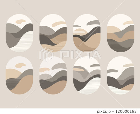 Vector illustration. Soft, flowing lines and oval shapes reminiscent of sand dunes and desert landscapes are executed in neutral sandy tones. Vector illustration. Soft, flowing lines and oval shapes reminiscent of sand dunes and desert landscapes are executed in neutral sandy tones. 120000165