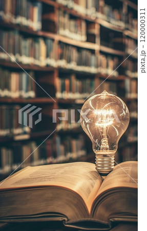 illuminated light bulb and open book in university library, education and study background, intelligence and learning banner, brainstorm idea and creativity concept 120000311