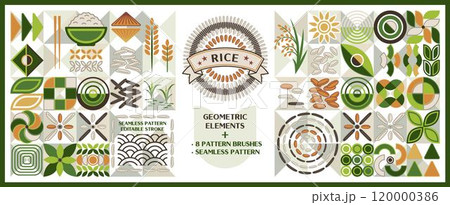 Set of rice design elements in flat simple geometric style. Icons, pictograms, abstract geometric shapes. Seamless traditional asian pattern added. For branding, decoration of food packaging Set of rice design elements in flat simple geometric style. Icons, pictograms, abstract geometric shapes. Seamless traditional asian pattern added. For branding, decoration of food packaging 120000386