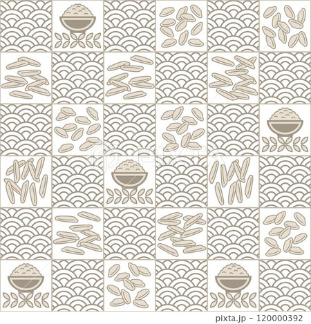 Seamless geometric checkered pattern with icons of traditional white rice, outline fan shaped ornament. Square ornament grid. For branding, food packaging, prints 120000392