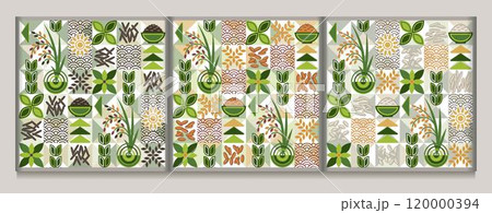 Set of seamless patterns with icons of white, black, brown rice, traditional asian outline ornament, geometric shapes on mosaic background. For branding, decoration of food package, prints Set of seamless patterns with icons of white, black, brown rice, traditional asian outline ornament, geometric shapes on mosaic background. For branding, decoration of food package, prints 120000394