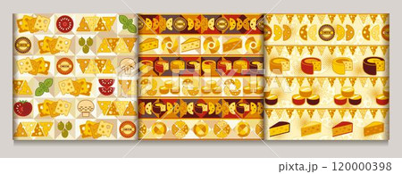 Seamless patterns with icons of Cheese slices, Cheese wheels. Objects arranged horizontally in a row. Flat simple geometric style. For branding, food packaging, prints 120000398