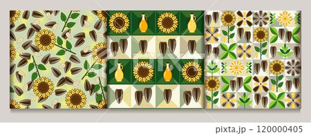 Sunflower seamless patterns with icons, abstract geometric shapes. Flowers, black striped seeds, oil bottles. Simple flat style. For branding, food packaging, prints Sunflower seamless patterns with icons, abstract geometric shapes. Flowers, black striped seeds, oil bottles. Simple flat style. For branding, food packaging, prints 120000405