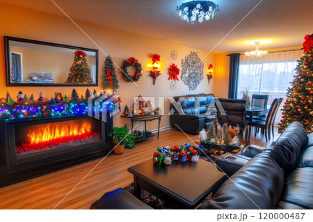 Cozy holiday living room with festive decorations Cozy holiday living room with festive decorations 120000487