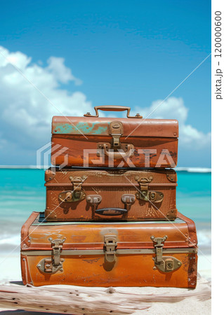 stack of old fashioned vintage suitcases on sunny beach with white sand and blue water, travel vacations and holidays concept background 120000600