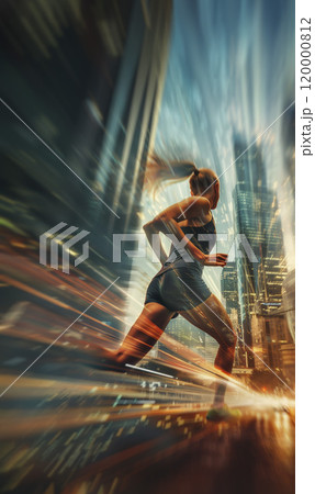 side view of athlete woman running on big modern city with skyscrapers and urban skyline background, fast speed trace and blurred motion, person jogger concept 120000812