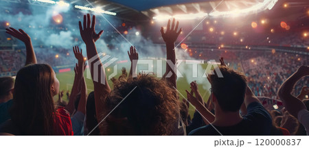 happy excited crowd put hands up after goal, happy growd celebrating soccer team victory on stadium, Germany Euro 2024 concept 120000837