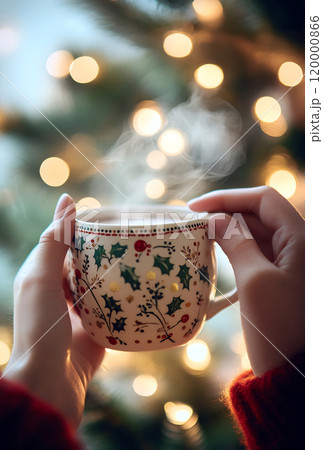Warm hands with a festive mug by a tree 120000866