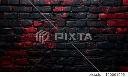 Dark brick wall with red and black paint. Grunge background. 120001006