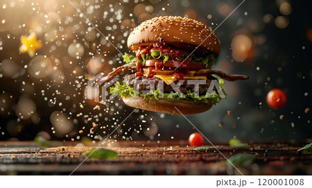 Delicious burger with flying ingredients. Creative photography of food on a dark background with bokeh 120001008