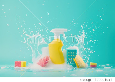 Cleaning products splashing on a blue background. Cleaning concept Cleaning products splashing on a blue background. Cleaning concept 120001031