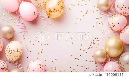 Background with pastel pink and golden balloons, confetti and ribbons on pastel pink background 120001154