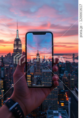 closeup shot of person holding mobile phone in hand and taking photo of beautiful sunset downtown of big city with skyscrapers, urban photography with smartphone camera 120001617