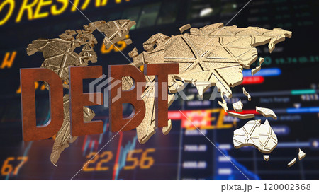 The rusty debt text on world map for Business concept 3d rendering. 120002368