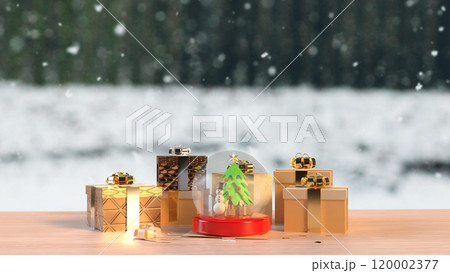 The Snow man in glass ball and gift box for holiday and celebration concept 3d rendering. The Snow man in glass ball and gift box for holiday and celebration concept 3d rendering. 120002377