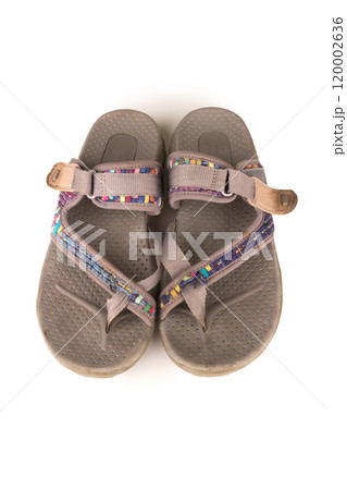Modern grey sandals isolated on white background Used 120002636