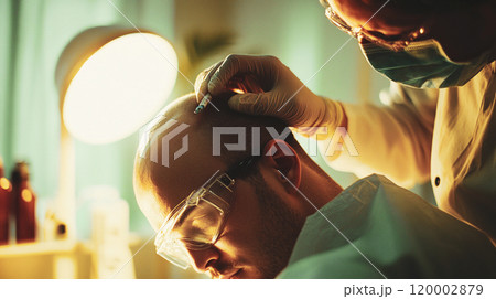 Hair transplant procedure for a balding man. Bald scalp. Hair loss, alopecia medical problem. Surgery therapy. Trichologist doctor in a modern clinic This is AI-generated item 120002879