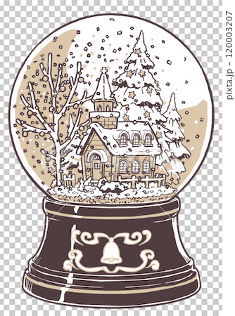 Snow globe with a rabbit in front of a church in the Christmas forest, brush-drawn and painted in two colors 120003207