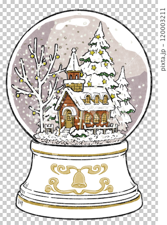 クリスマスの森で光を灯す教会の前にウサギがいる情景の白い台座のスノードーム 版画風 クリスマスの森で光を灯す教会の前にウサギがいる情景の白い台座のスノードーム 版画風 120003211