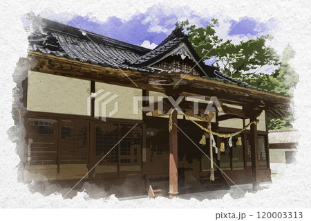 水彩画風　新見　大本八幡神社　拝殿　岡山県新見市 120003313