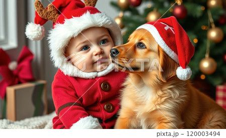 サンタ赤ちゃんとトナカイ犬 120003494