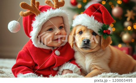 サンタ赤ちゃんとトナカイ犬 サンタ赤ちゃんとトナカイ犬 120003495