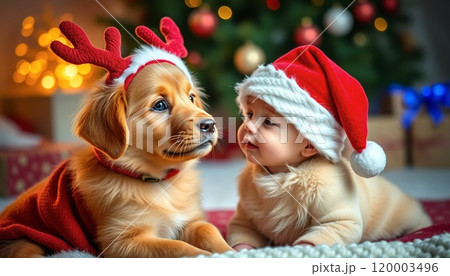 サンタ赤ちゃんとトナカイ犬 120003496