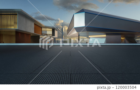 3D rendering empty ground with modern buildings and city skyline in background 120003504