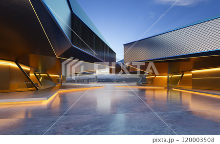 3d rendering of a futuristic plaza surrounded by angular modern buildings at sunset 120003508
