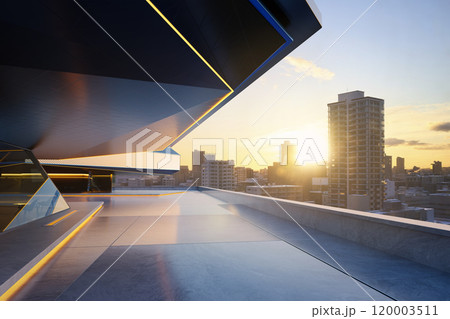 3d rendering of a futuristic building overlooking city at sunset with golden lighting 120003511