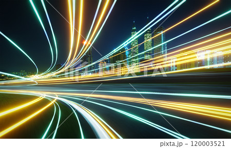 Light trails illuminating a modern city with skyscrapers at night 120003521