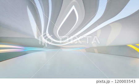 Abstract white building with curved walls and colored lights 3d rendering 120003543