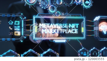 Businessman is touching a metaverse nft marketplace sign on a futuristic virtual screen Businessman is touching a metaverse nft marketplace sign on a futuristic virtual screen 120003555