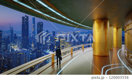 Businessman looking over cityscape from futuristic balcony at night 3d rendering Businessman looking over cityscape from futuristic balcony at night 3d rendering 120003556