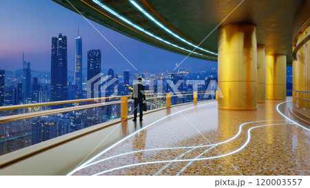 Businessman looking at night city view from luxury terrace 3d rendering Businessman looking at night city view from luxury terrace 3d rendering 120003557